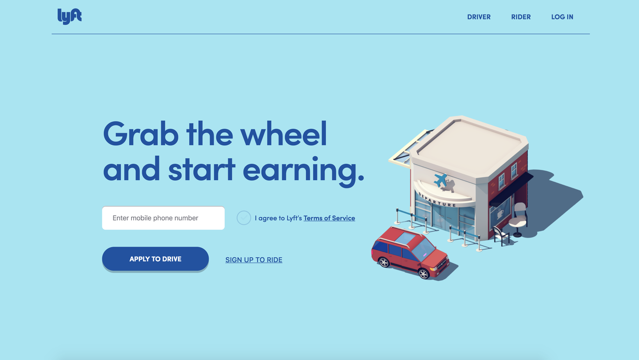 Lyft는 'Grab the wheel and start earning(바퀴를 쥐고 수익을 올리세요)'이라는 명료한 카피문구로 사용자에게 소구합니다.