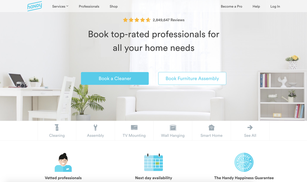 미국 'Handy'는 'Book top-related professionals for all your home needs'로 소구합니다.
