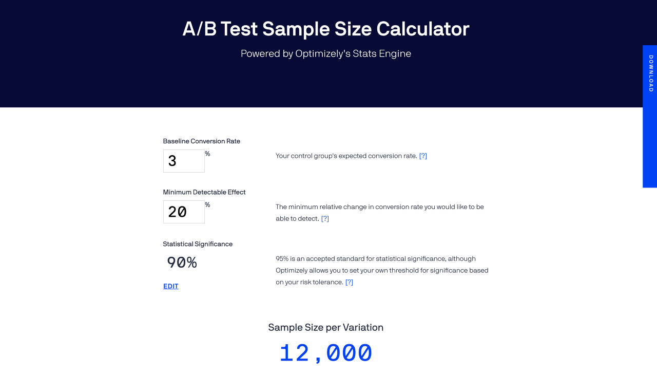 옵티마이즐리가 제공 중인 Sample Size Calculator