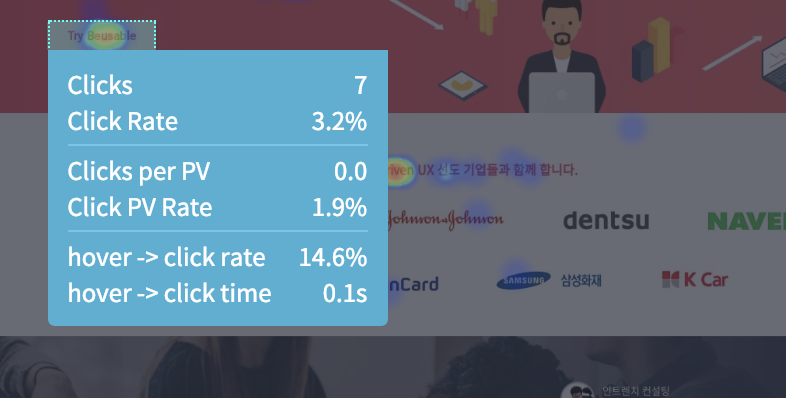 뷰저블과 뷰저블리에서는 클릭 히트맵으로 사용자의 최종 목적을 확인할 수 있습니다.