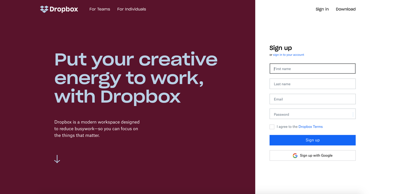 드롭박스(Dropbox) 또한 명확한 캐치프레이즈와 회원가입 UI를 Above the Fold에 두었습니다.