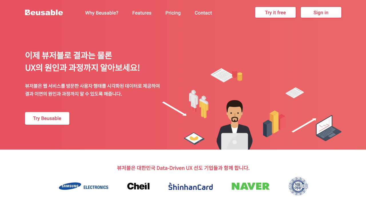 뷰저블(Beusable) 홈페이지에서는 GNB 영역에 Pricing 메뉴를 별도로 두었습니다.