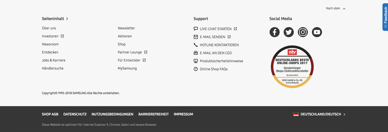 삼성닷컴 독일(DE) 사이트에서는 Footer에 어워드 로고를 삽입하였습니다.