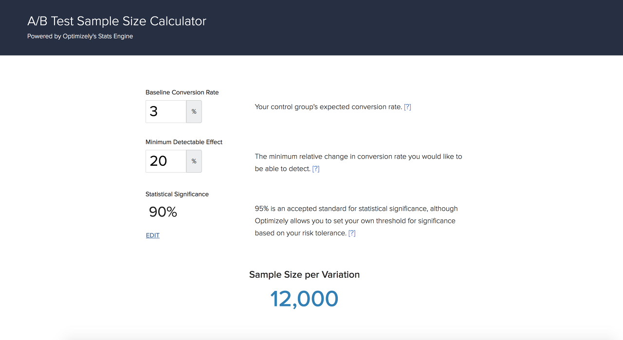 옵티마이즐리에서 제공하는 샘플 사이즈 계산기